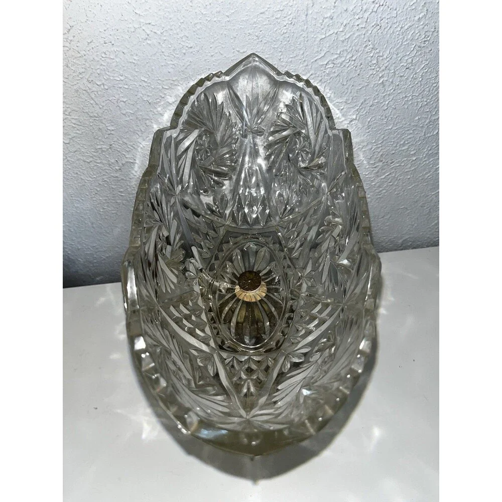 Vintage Ornate Cut Lead Crystal Pedestal Centerpiece Bowl with Brass Base